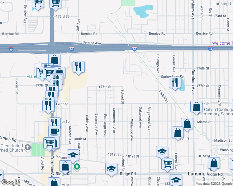 map of restaurants, bars, coffee shops, grocery stores, and more near 17738 Commercial Avenue in Lansing