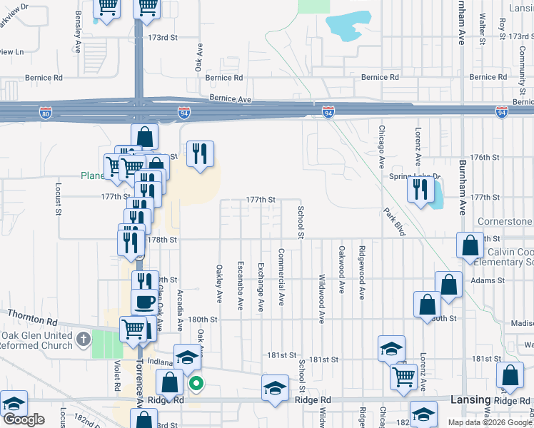 map of restaurants, bars, coffee shops, grocery stores, and more near 17723 Exchange Avenue in Lansing
