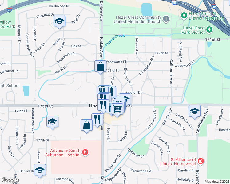 map of restaurants, bars, coffee shops, grocery stores, and more near in Hazel Crest