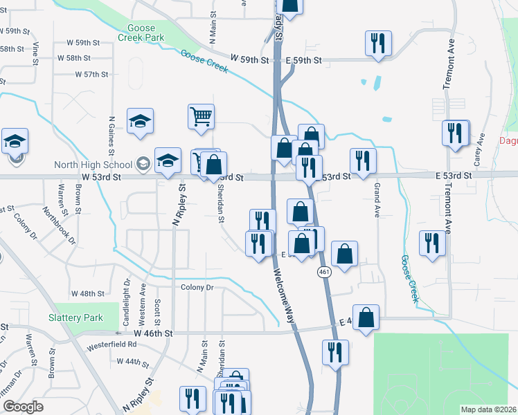map of restaurants, bars, coffee shops, grocery stores, and more near 5001 Sheridan Street in Davenport