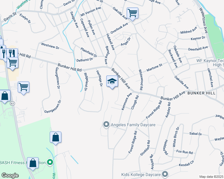 map of restaurants, bars, coffee shops, grocery stores, and more near 24 Kenmore Avenue in Waterbury