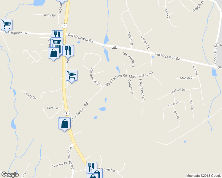 map of restaurants, bars, coffee shops, grocery stores, and more near 40 Mac Farlane Road in Wappingers Falls