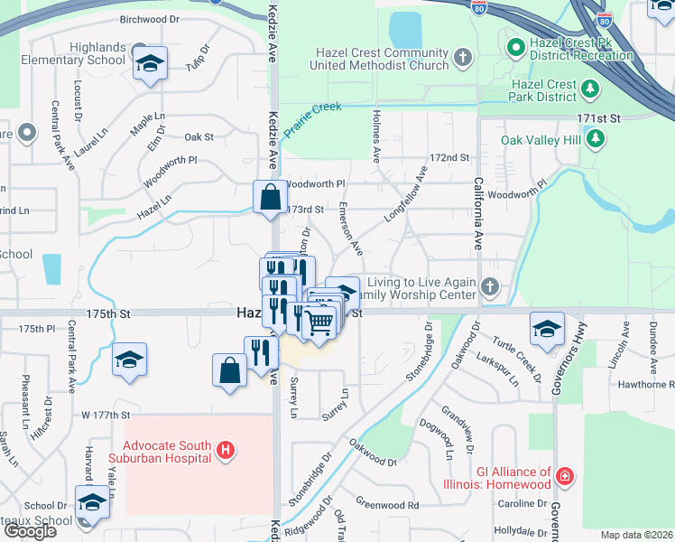 map of restaurants, bars, coffee shops, grocery stores, and more near 17403 Longfellow Avenue in Hazel Crest