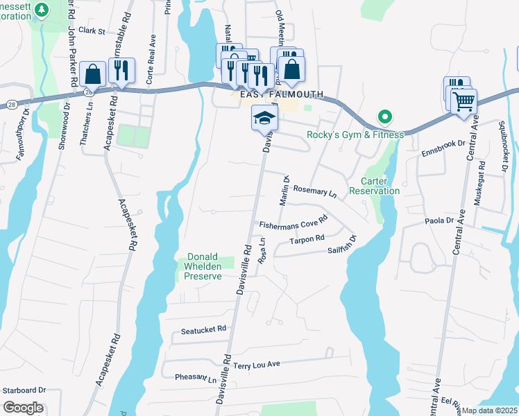 map of restaurants, bars, coffee shops, grocery stores, and more near 100 Davisville Road in Falmouth