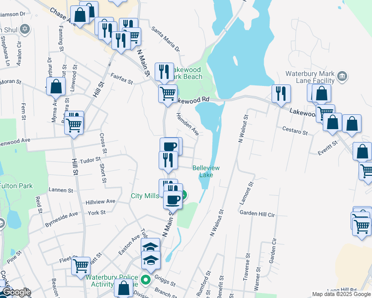 map of restaurants, bars, coffee shops, grocery stores, and more near 60 Bellevue Street in Waterbury