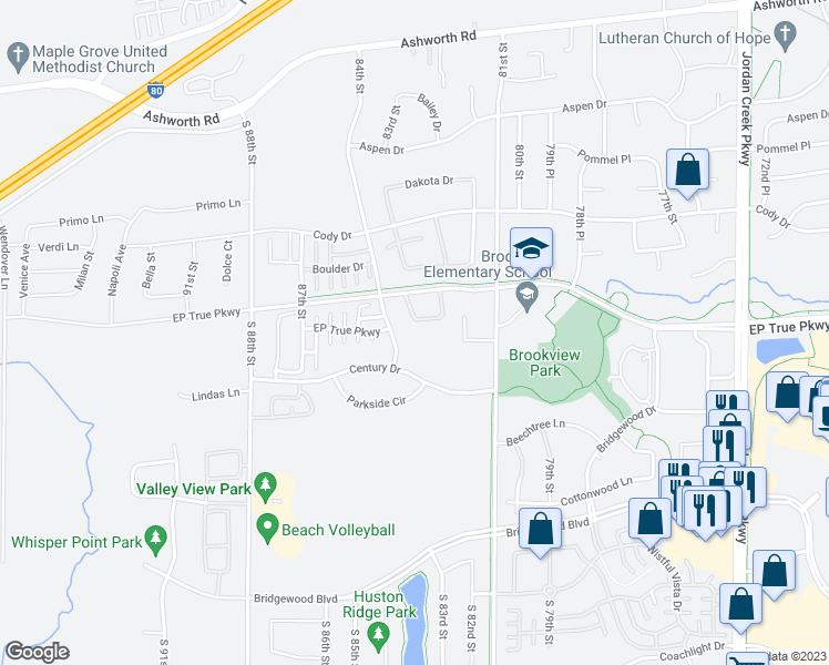 map of restaurants, bars, coffee shops, grocery stores, and more near 8365 Century Drive in West Des Moines