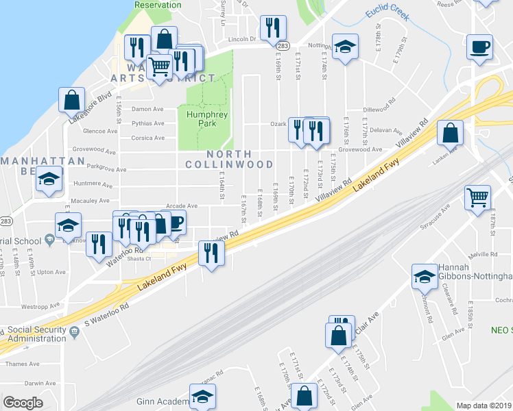 map of restaurants, bars, coffee shops, grocery stores, and more near 1285 East 167th Street in Cleveland
