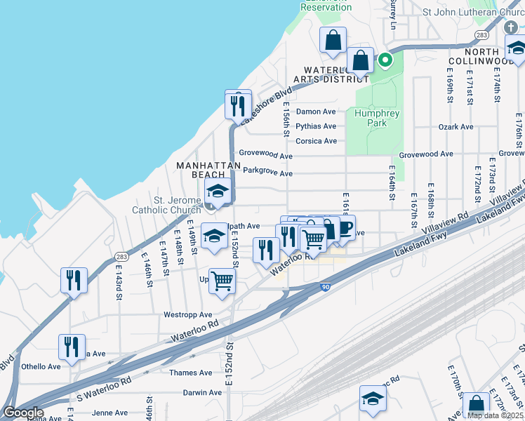 map of restaurants, bars, coffee shops, grocery stores, and more near 15417 Ridpath Avenue in Cleveland