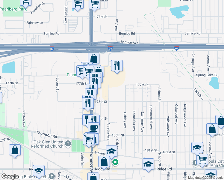 map of restaurants, bars, coffee shops, grocery stores, and more near 17738 Arcadia Avenue in Lansing