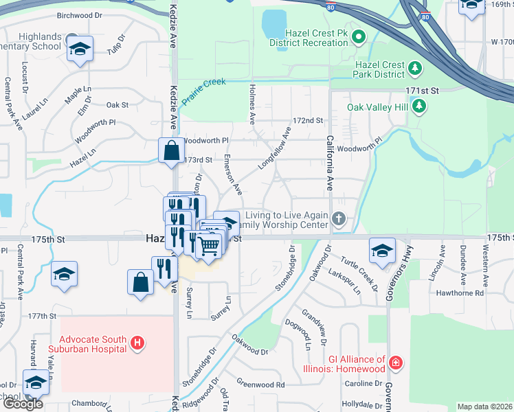 map of restaurants, bars, coffee shops, grocery stores, and more near 17419 Emerson Avenue in Hazel Crest