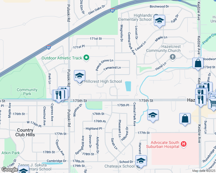 map of restaurants, bars, coffee shops, grocery stores, and more near 17400 Wellington Drive in Hazel Crest