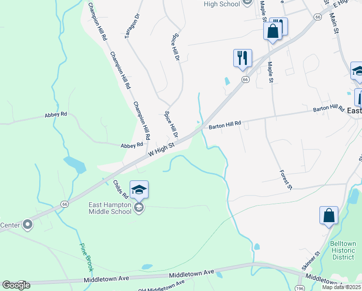 map of restaurants, bars, coffee shops, grocery stores, and more near 111 West High Street in East Hampton