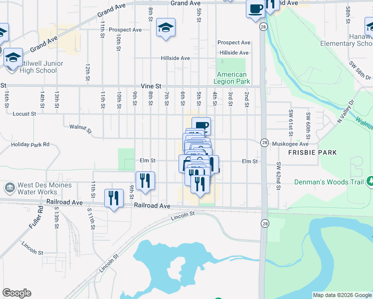 map of restaurants, bars, coffee shops, grocery stores, and more near 513 Elm Street in West Des Moines
