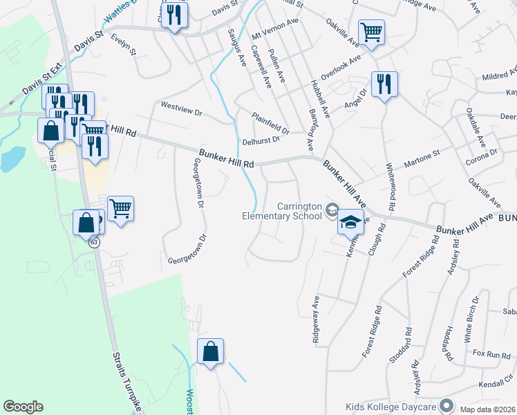 map of restaurants, bars, coffee shops, grocery stores, and more near 64 Ridgeland Drive in Waterbury