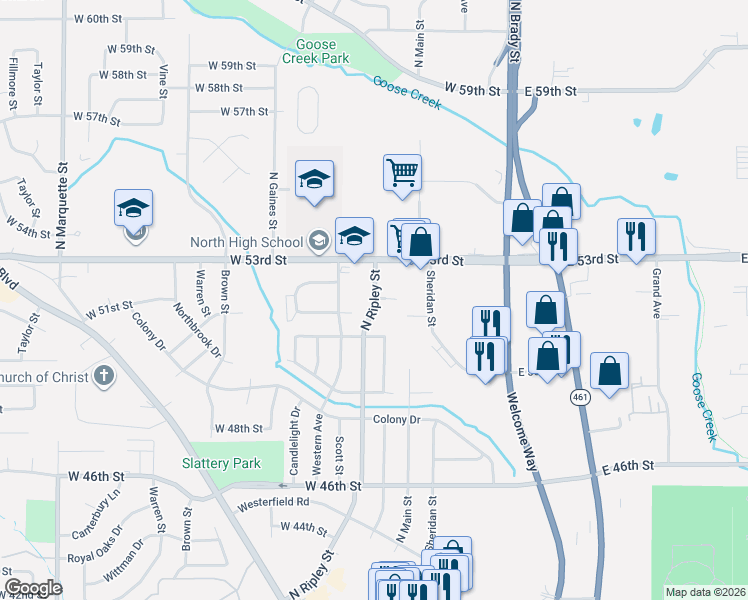 map of restaurants, bars, coffee shops, grocery stores, and more near North Ripley Street in Davenport
