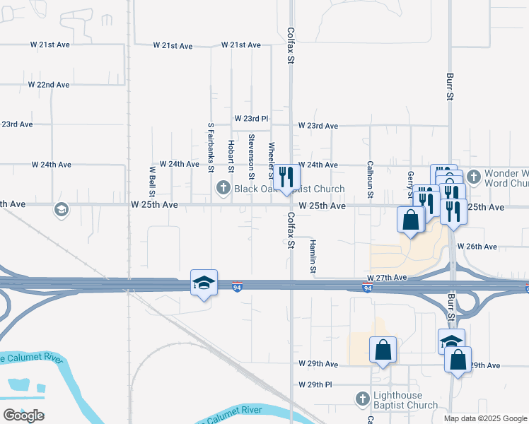 map of restaurants, bars, coffee shops, grocery stores, and more near 2467 Wheeler Street in Gary