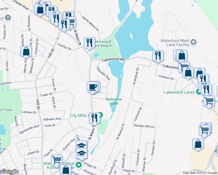 map of restaurants, bars, coffee shops, grocery stores, and more near 147 Hamden Avenue in Waterbury