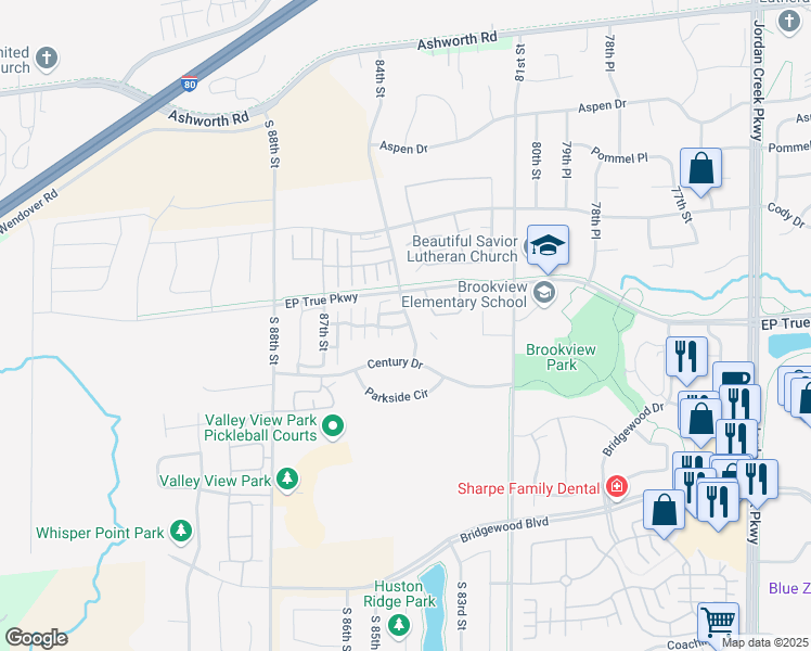 map of restaurants, bars, coffee shops, grocery stores, and more near Ep True Parkway in West Des Moines