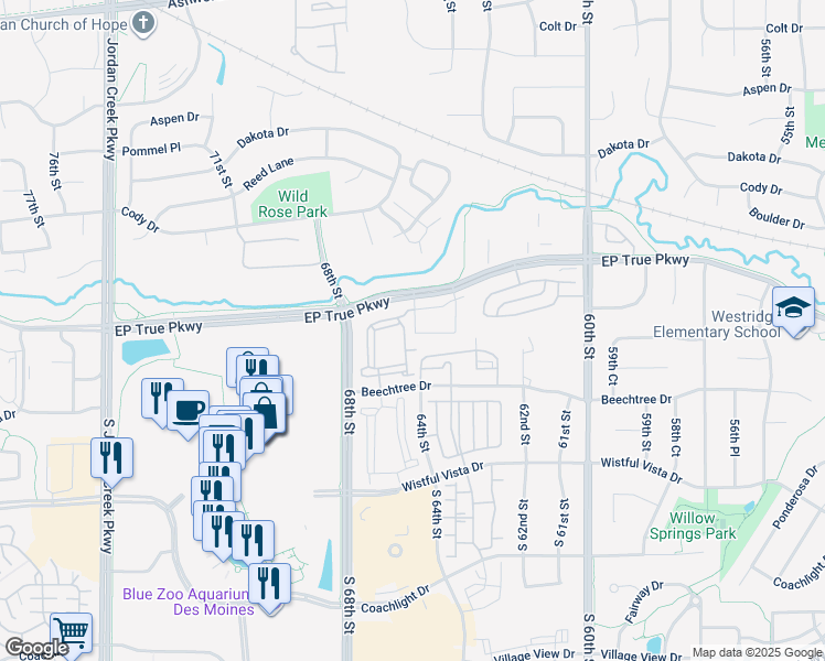map of restaurants, bars, coffee shops, grocery stores, and more near 6440 EP True Parkway in West Des Moines