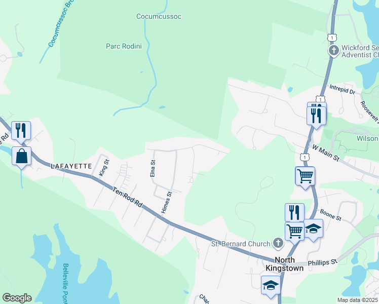 map of restaurants, bars, coffee shops, grocery stores, and more near 74 Stone Gate Drive in North Kingstown