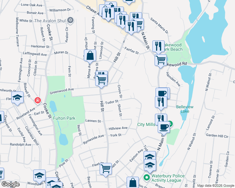 map of restaurants, bars, coffee shops, grocery stores, and more near 51 Cross Street in Waterbury