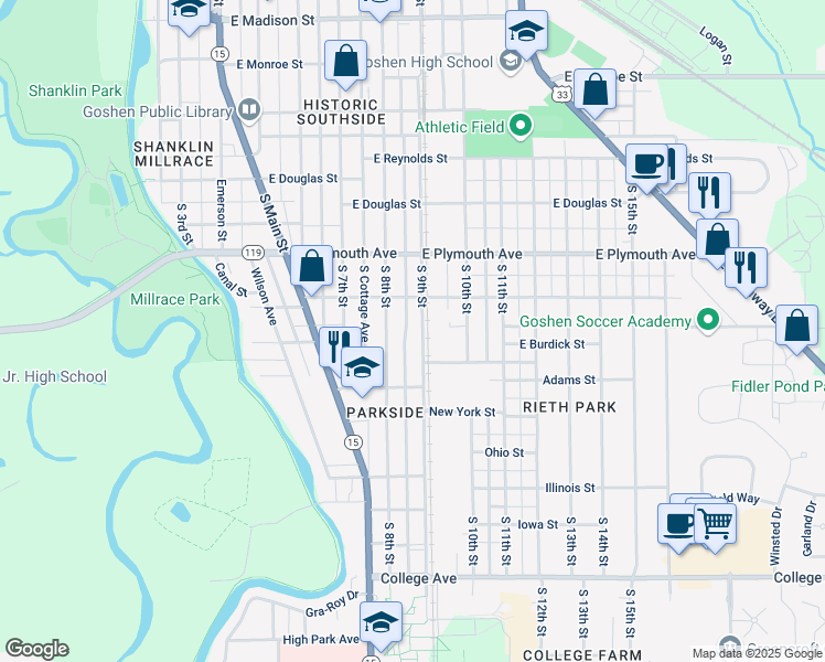 map of restaurants, bars, coffee shops, grocery stores, and more near 512 East Jackson Street in Goshen
