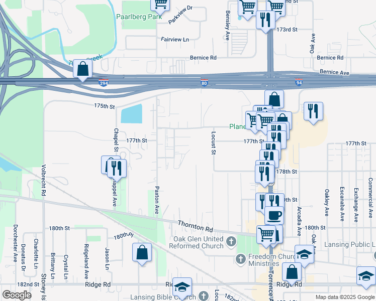 map of restaurants, bars, coffee shops, grocery stores, and more near 2134 177th Street in Lansing