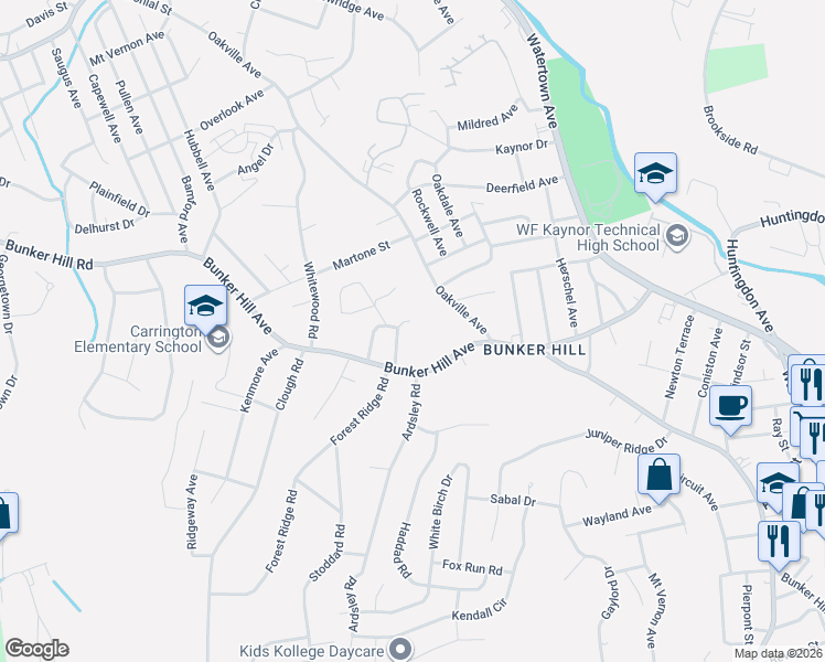 map of restaurants, bars, coffee shops, grocery stores, and more near 19 Sunfield Circle in Waterbury