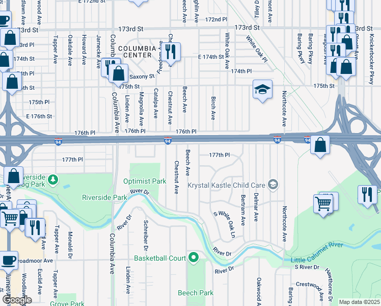 map of restaurants, bars, coffee shops, grocery stores, and more near 7713 Beech Avenue in Hammond