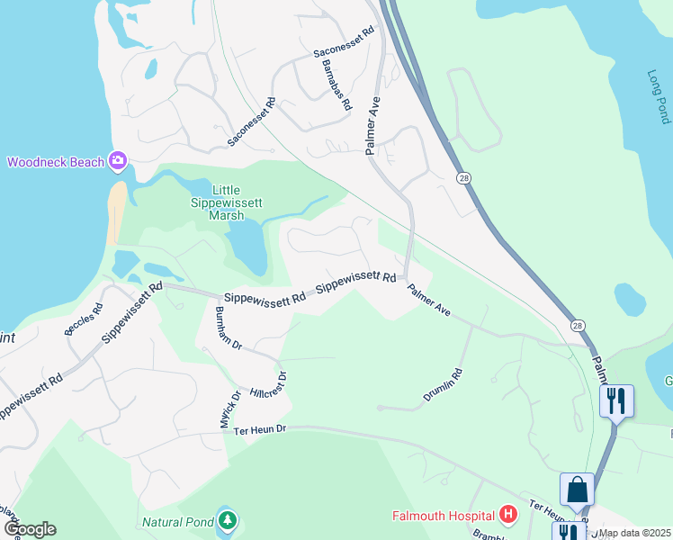 map of restaurants, bars, coffee shops, grocery stores, and more near 11 Loop Road in Falmouth
