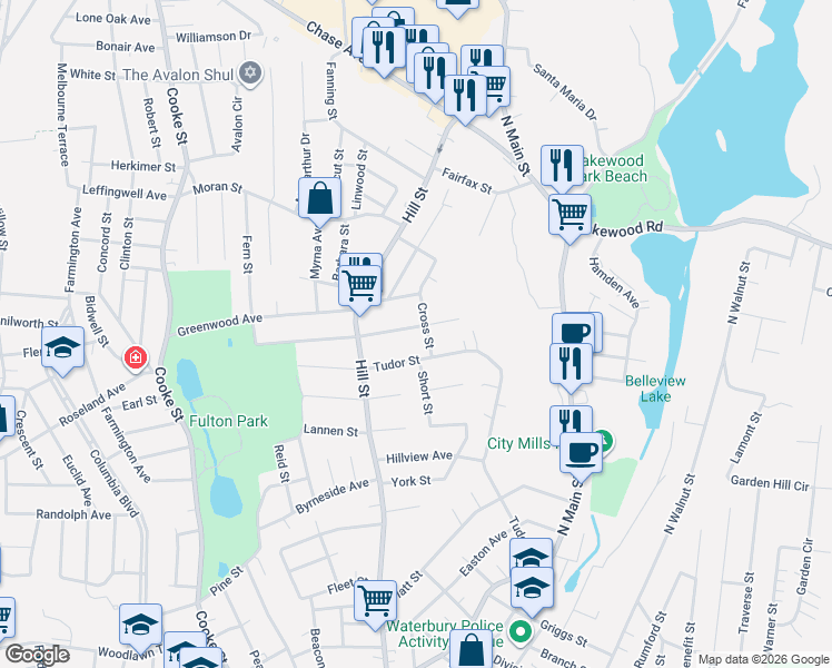 map of restaurants, bars, coffee shops, grocery stores, and more near 51 Cross Street in Waterbury