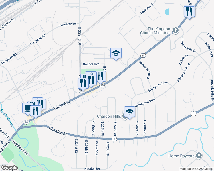 map of restaurants, bars, coffee shops, grocery stores, and more near 22660 Euclid Avenue in Euclid