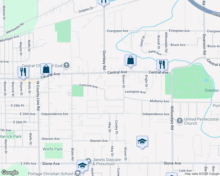 map of restaurants, bars, coffee shops, grocery stores, and more near 5271 Concord Avenue in Portage