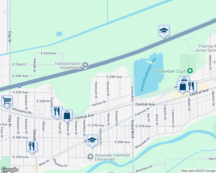 map of restaurants, bars, coffee shops, grocery stores, and more near 2451 Howard Street in Lake Station