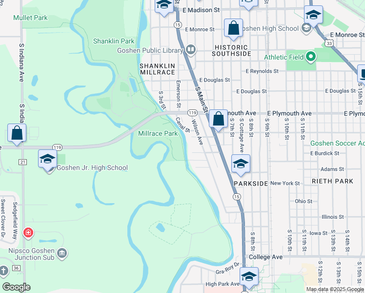map of restaurants, bars, coffee shops, grocery stores, and more near Millrace Canal Trail in Goshen