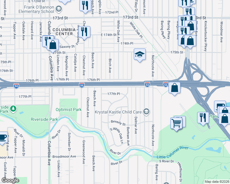 map of restaurants, bars, coffee shops, grocery stores, and more near 1600 177th Street in Hammond