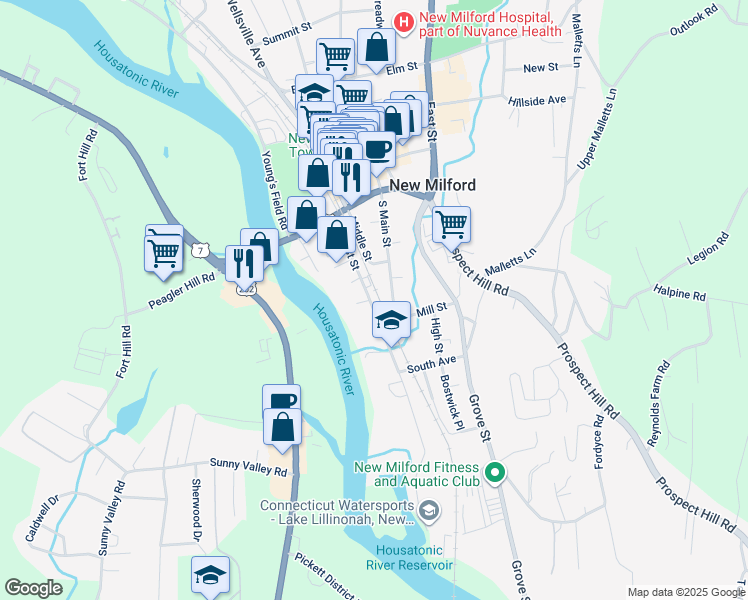 map of restaurants, bars, coffee shops, grocery stores, and more near 45 West Street in New Milford