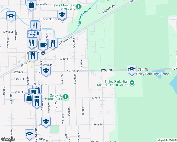 map of restaurants, bars, coffee shops, grocery stores, and more near Ridgeland Avenue & 175th Street in Tinley Park
