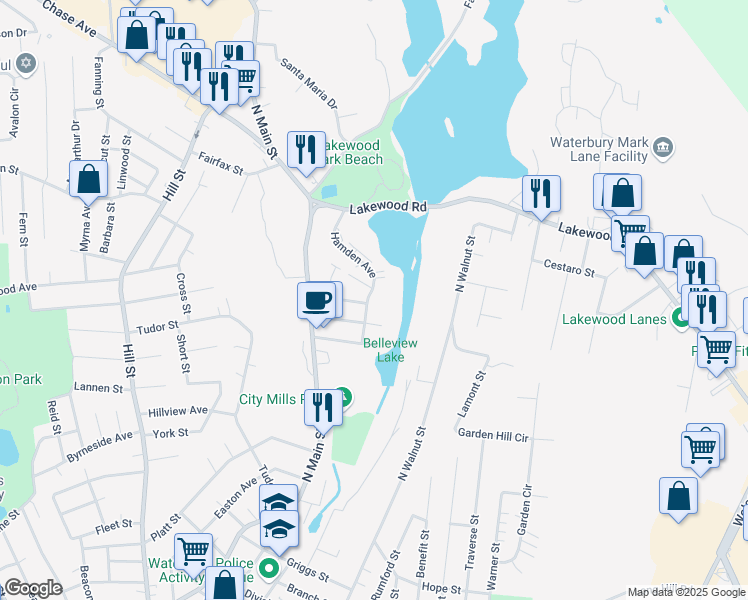 map of restaurants, bars, coffee shops, grocery stores, and more near 72 Hamden Avenue in Waterbury
