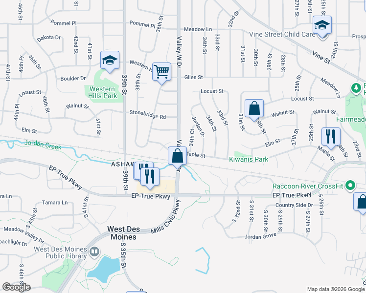 map of restaurants, bars, coffee shops, grocery stores, and more near 217 Valley West Drive in West Des Moines