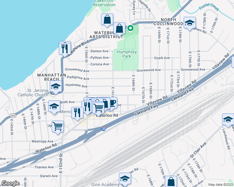 map of restaurants, bars, coffee shops, grocery stores, and more near 16111 Arcade Avenue in Cleveland
