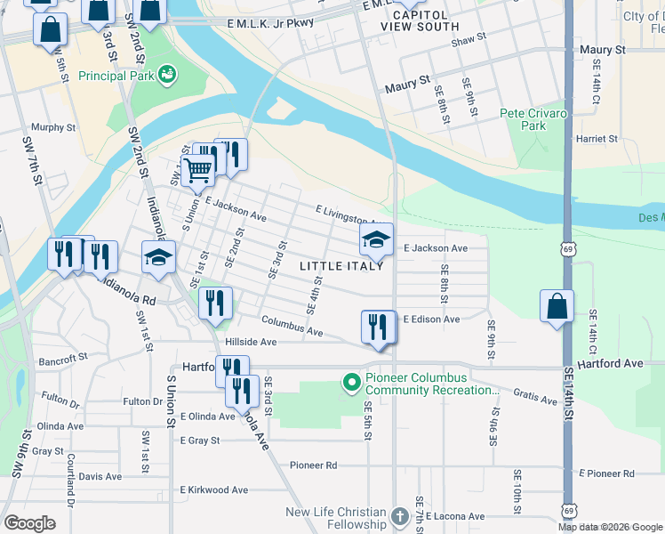 map of restaurants, bars, coffee shops, grocery stores, and more near 402 East Granger Avenue in Des Moines