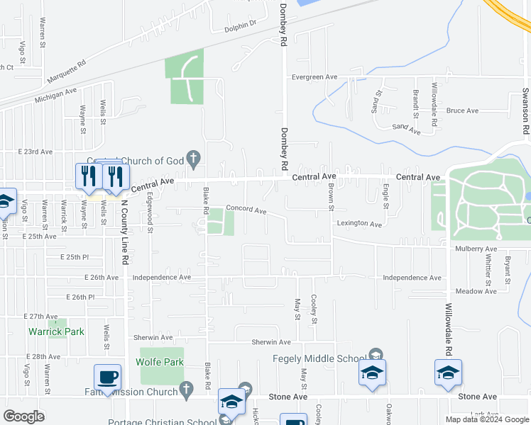 map of restaurants, bars, coffee shops, grocery stores, and more near 5243 Concord Avenue in Portage