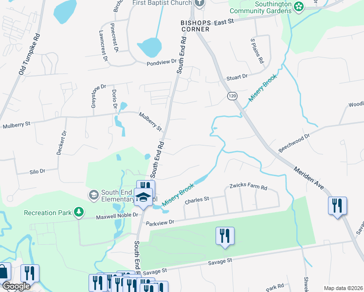 map of restaurants, bars, coffee shops, grocery stores, and more near 23 Brooklane Road in Southington
