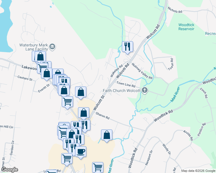map of restaurants, bars, coffee shops, grocery stores, and more near 106 Wakelee Road in Waterbury
