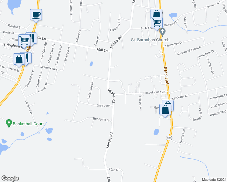 map of restaurants, bars, coffee shops, grocery stores, and more near 674 Middle Road in Portsmouth