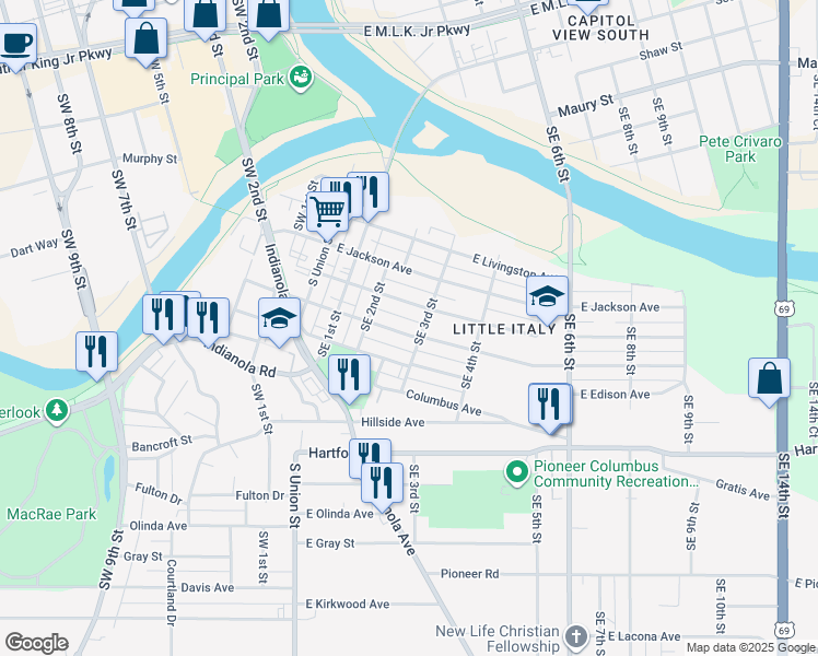 map of restaurants, bars, coffee shops, grocery stores, and more near 223 East Granger Avenue in Des Moines