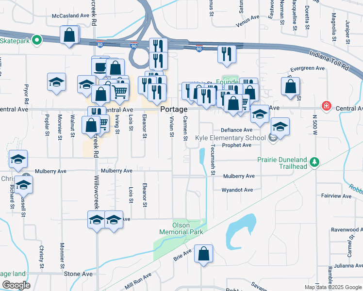 map of restaurants, bars, coffee shops, grocery stores, and more near 2600-2714 Carmen St in Portage