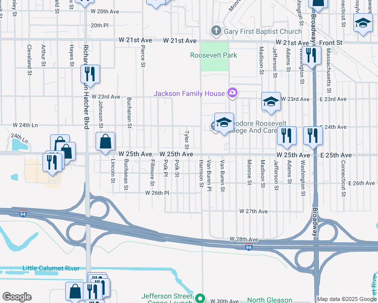 map of restaurants, bars, coffee shops, grocery stores, and more near 834 West 25th Avenue in Gary