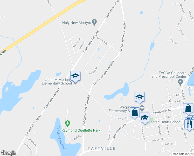 map of restaurants, bars, coffee shops, grocery stores, and more near 100 Old Canterbury Turnpike in Norwich